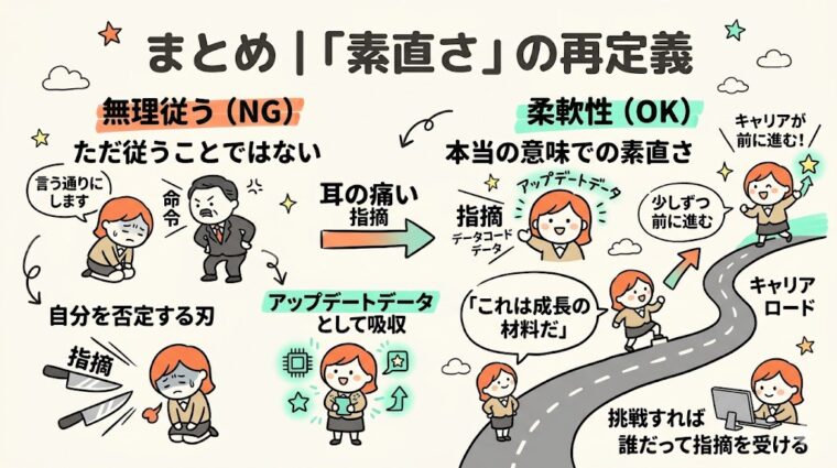 まとめ画像:本当の意味での「素直さ」を再定義し、指摘を成長のためのアップデートデータとして捉える図解
