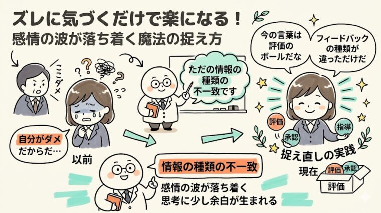 解説画像:感情を落ち着かせる「捉え直し」のメソッド。フィードバックを情報の種類として捉える方法