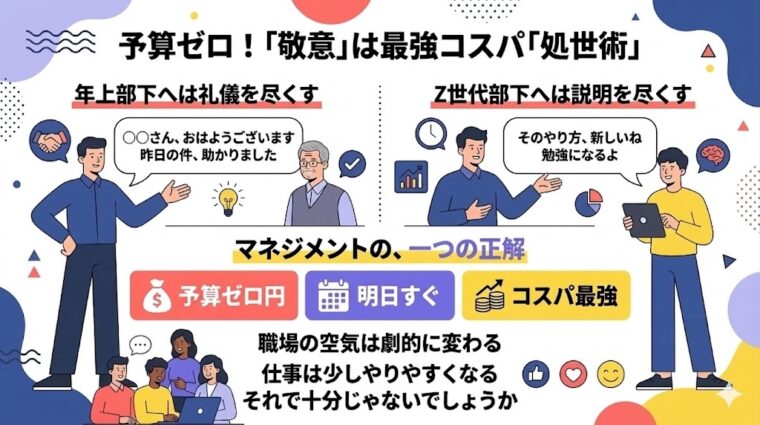 アイキャッチ画像:敬意を示すことは低コストで職場の人間関係を円滑にし、ストレスを軽減できるコスパの良い処世術であることを解説した画像