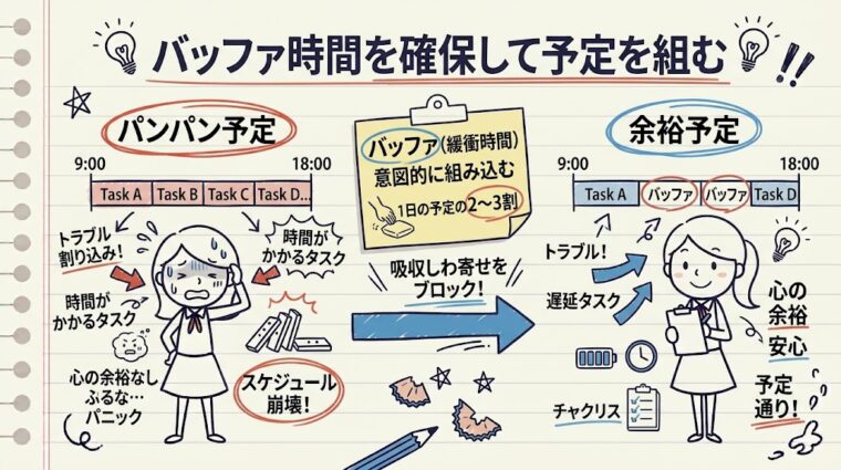 1日の予定に2〜3割のバッファ(緩衝時間)を組み込み遅延を防ぐ方法を図解したイラスト
