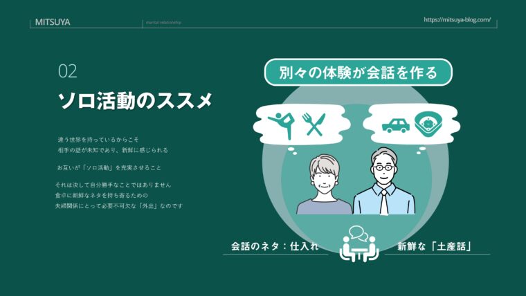 アイキャッチ画像:夫婦が別々の「ソロ活動」を行うことで新しい経験を得て、それが新鮮な会話のネタ(お土産話)になる仕組みを図解した画像