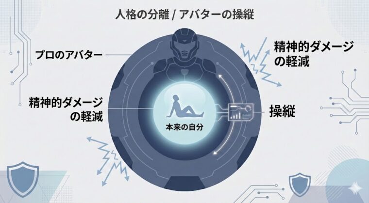 アイキャッチ画像:仕事上の人格を「アバター」として分離し、精神的ダメージから本来の自分を守るマインドセットを示した図解