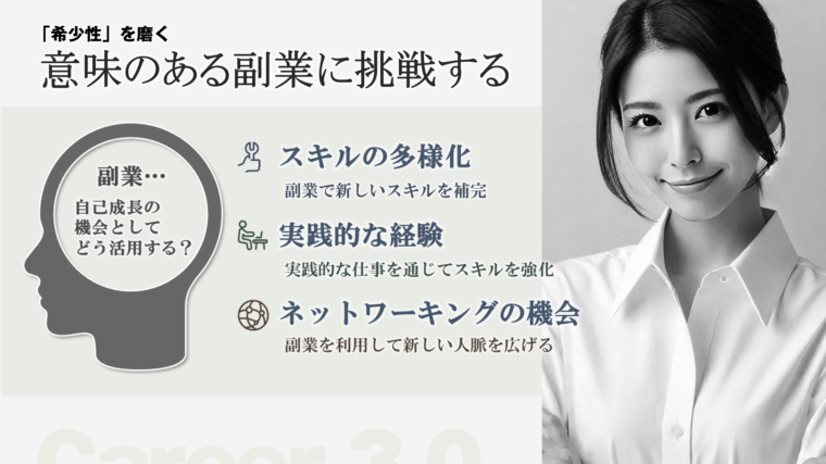 キャリア３．０時代において「希少性」を高めるために、副業が有効であることを図解で解説