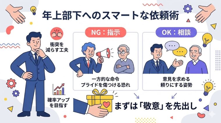 アイキャッチ画像:年上部下のプライドを傷つけないよう、一方的な「指示」ではなく協力関係を築く「相談」へ切り替える依頼の工夫を整理した画像