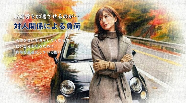 アイキャッチ画像:対人関係による脳疲労のメカニズムと、自分を守るための負荷最適化について解説した、秋の風景と女性の画像