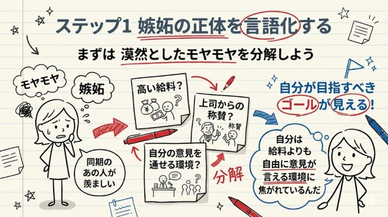ステップ1として、嫉妬の正体を言語化するために感情の認識から本当の願望を特定する手順を解説した図解画像