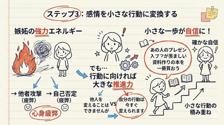 ステップ3として、言語化した感情を目的の再定義から具体的なスモールステップの行動に変換する方法を説明した図解画像