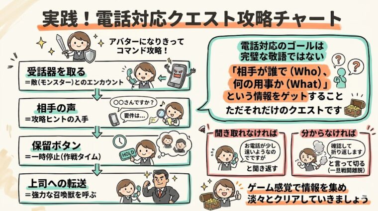 アイキャッチ画像:電話対応のステップをクエスト攻略になぞらえて、記録から報告までの手順を整理したチャート図