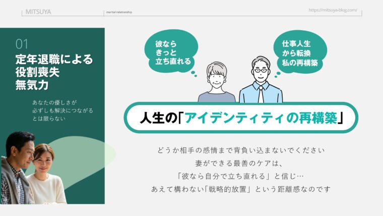 アイキャッチ画像:定年退職後に元気をなくした夫に対し、過干渉なケアではなく「戦略的放置」で見守ることの重要性を説いた画像