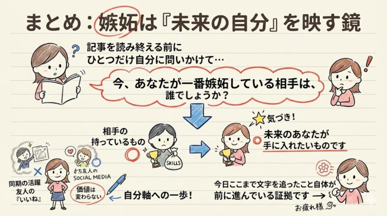 嫉妬は「未来の自分」を映す鏡であると定義し、現状の不足感を成長の糧へと変える視点の転換をまとめた総括画像
