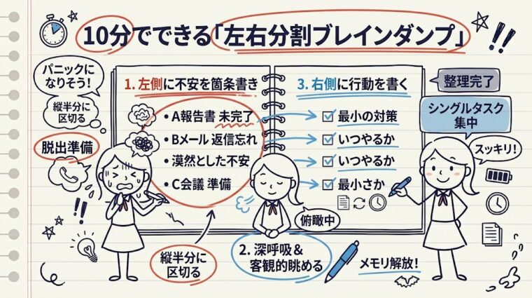 10分でできる左右分割ブレインダンプの手順と効果を図解したノートとイラスト