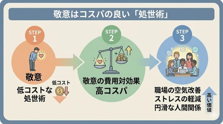 アイキャッチ画像:敬意を示すことは低コストで職場の人間関係を円滑にし、ストレスを軽減できるコスパの良い処世術であることを解説した画像
