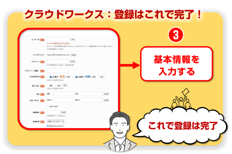 クラウドワークスの登録方法を図解で解説（最終画面）／「未経験から始めるクラウドワークス：図解でわかる初心者向けガイド」の記事中資料