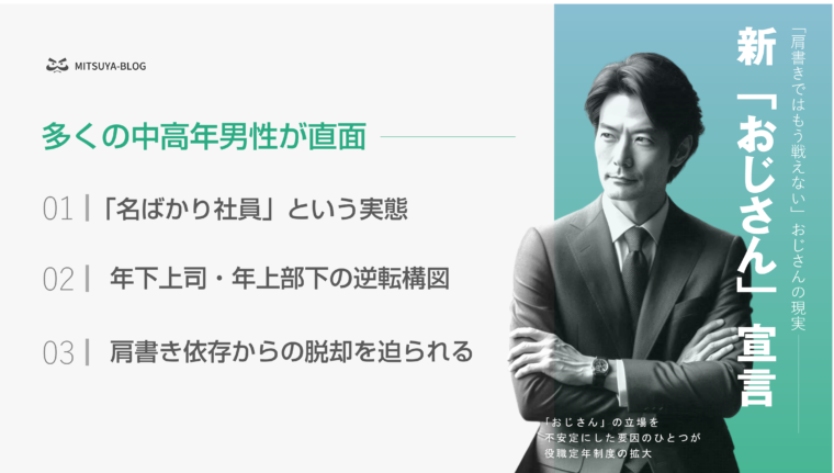 アイキャッチ画像：中高年のビジネスマンが直面している会社内の居場所について要点を整理した画像