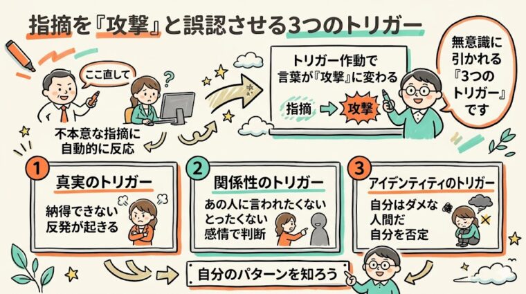 図解画像:指摘を「攻撃」と感じさせる3つのトリガー(真実・関係性・アイデンティティ)のまとめ画像