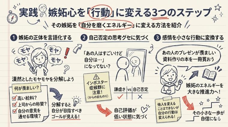 嫉妬心を前向きな行動に変えるための、感情の認識・願望の分析・具体的計画の3つの手順を整理したまとめ画像