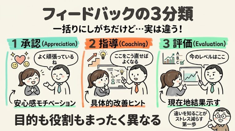 比較図解:フィードバックの3分類(承認・指導・評価)の目的と役割の違いを一覧化した画像