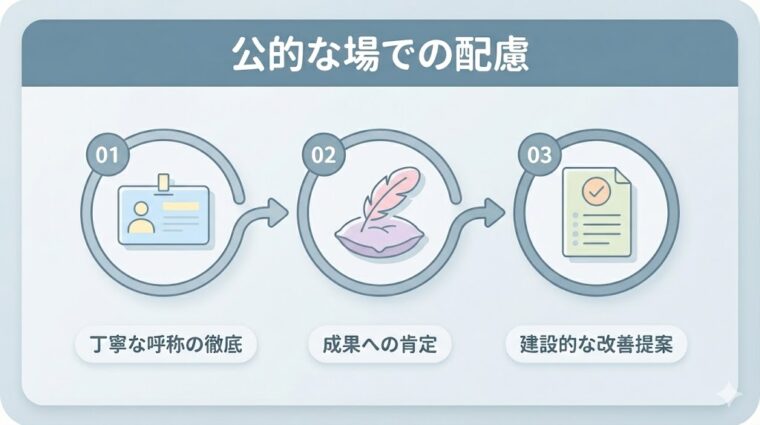 相手への敬意を示し良好な関係を築く4ステップ(存在の肯定、相手への敬意、心理的距離の短縮、良好な関係)を解説した画像。