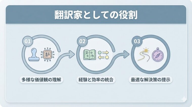 中間管理職(サンドイッチ世代)に必要な、過去の知見を現代の効率に合わせ価値変換する「翻訳力」の3ステップを説明した画像。