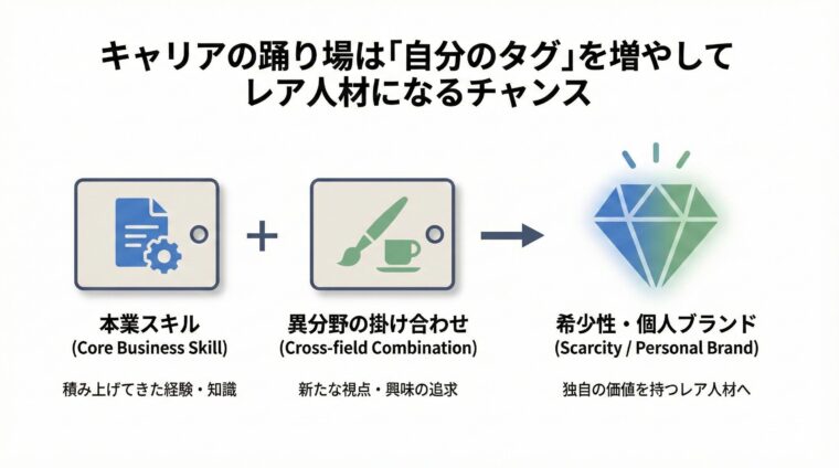 本業スキルに異分野の視点を掛け合わせることで、キャリアの踊り場を「希少性のある個人ブランド」を築くチャンスに変えるプロセスを説明した図解画像。