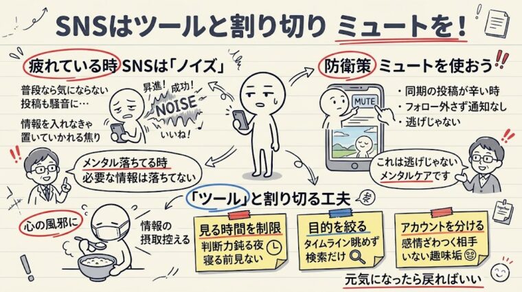 SNSを情報収集ツールとして活用しつつ、ミュート機能などで心の平穏を守る「健全なバランス」を解説した図解画像