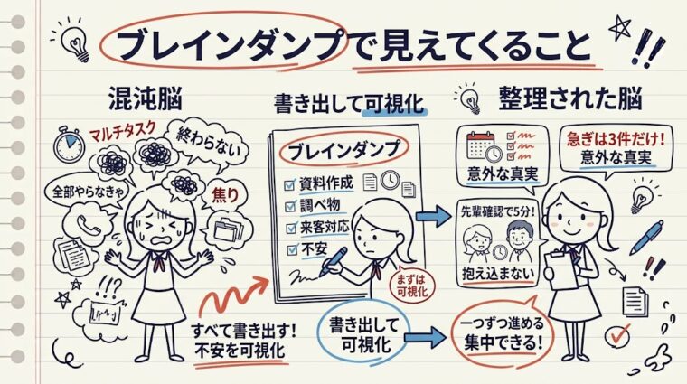ブレインダンプでタスクと不安を可視化し頭を整理する効果を図解したイラスト