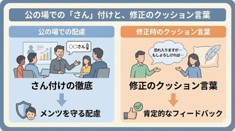 アイキャッチ画像:公の場での「さん」付けによる配慮と、修正時に活用すべきクッション言葉の効果について要点を整理した画像