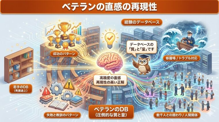 ベテランが蓄積した成功・失敗の教訓や人間関係のデータベースが、再現性の高い「高精度の直感」を生み出す仕組みを解説した図解。