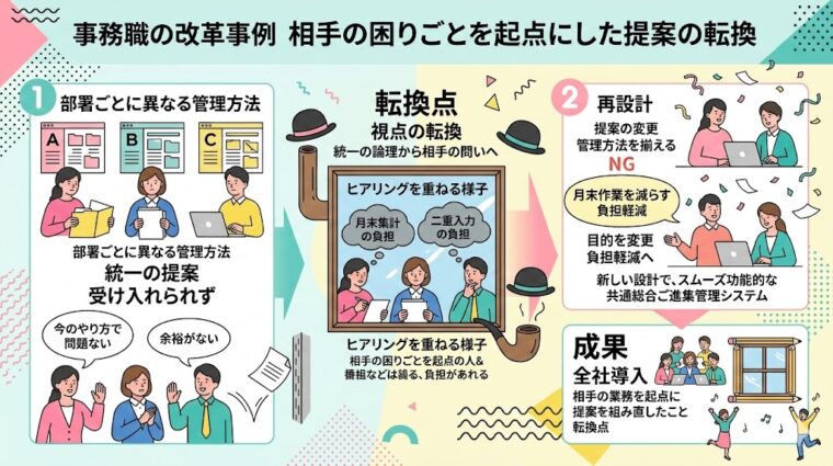 事務職の改革事例:相手の困りごとを起点にした提案への転換と、全社導入に至る改善プロセスを整理した画像