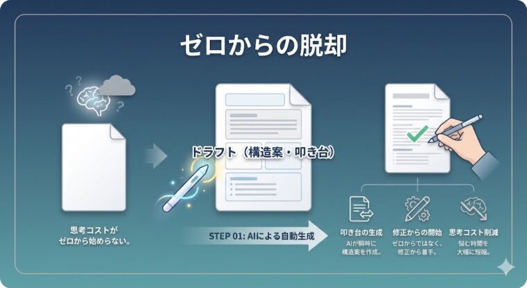 AIによるドラフト・叩き台の自動生成で、資料作成の思考コストを削減し業務を高速化する仕組みの図解。