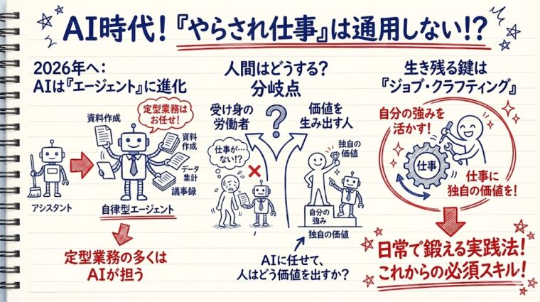 AIが定型業務を担う時代に、人間が「受け身の労働者」から脱却し独自の価値を生むための必須スキルを解説した画像