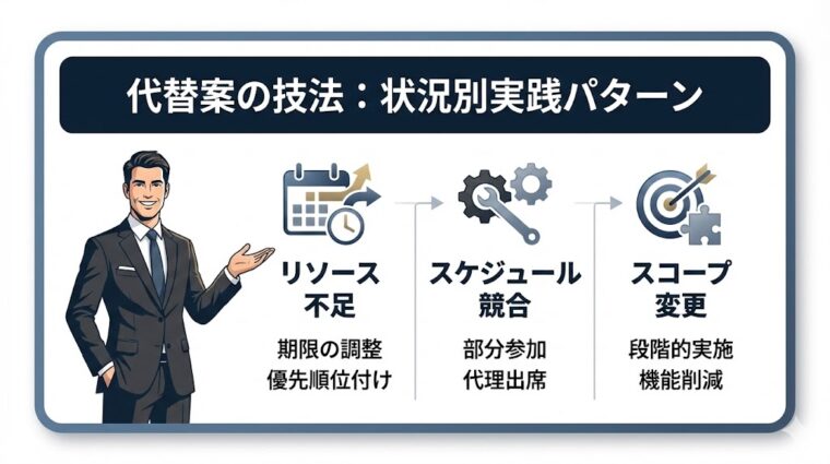 アイキャッチ画像:「代替案の技法:状況別実践パターン」として、リソース不足、スケジュール競合、スコープ変更への対応策をまとめた画像