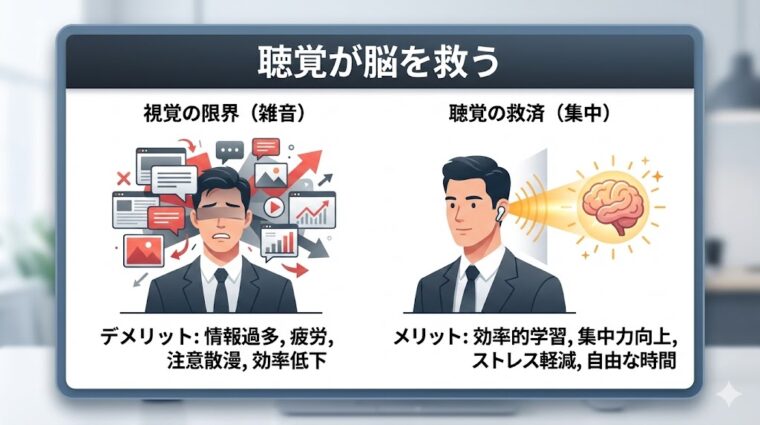 アイキャッチ画像:視覚過多による疲労と、聴覚学習(耳活)が脳の集中力やストレス軽減に与えるメリットを整理した画像