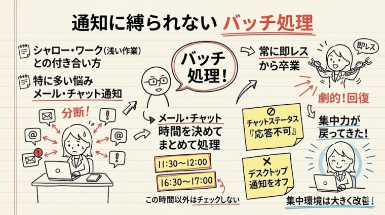 通知に縛られないための「バッチ処理」の仕組み。メールやチャットの時間を決めてまとめて対応し、即レスから卒業して集中環境を劇的に改善する方法。