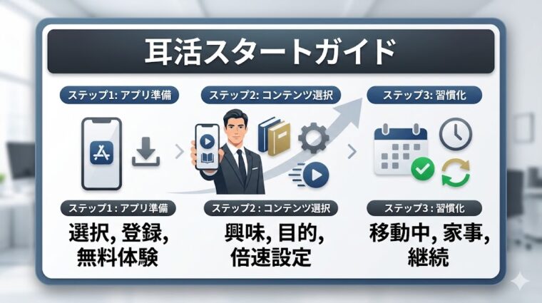 アイキャッチ画像:耳活を習慣化するための3つのステップ(アプリ準備・コンテンツ選択・継続のコツ)を整理した画像