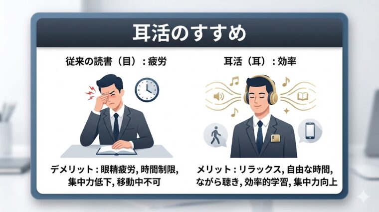 アイキャッチ画像:従来の読書に伴う眼精疲労と、耳活によるリラックスした効率的な学習メリットを整理した比較画像