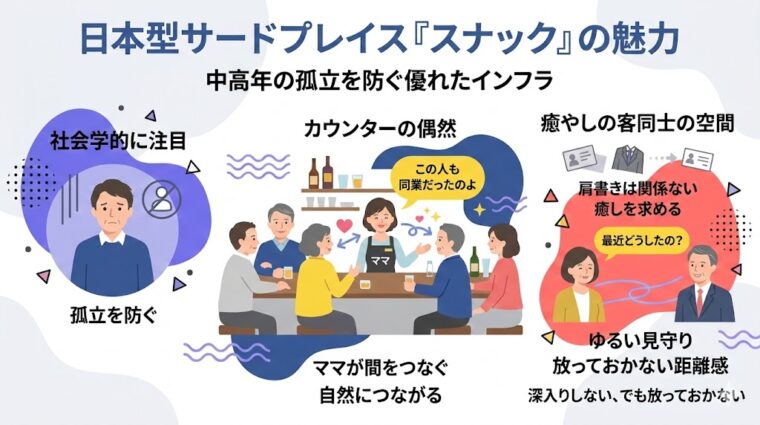 アイキャッチ画像:スナックを介した「深入りしない、ゆるい見守り」による孤立防止効果を解説した画像