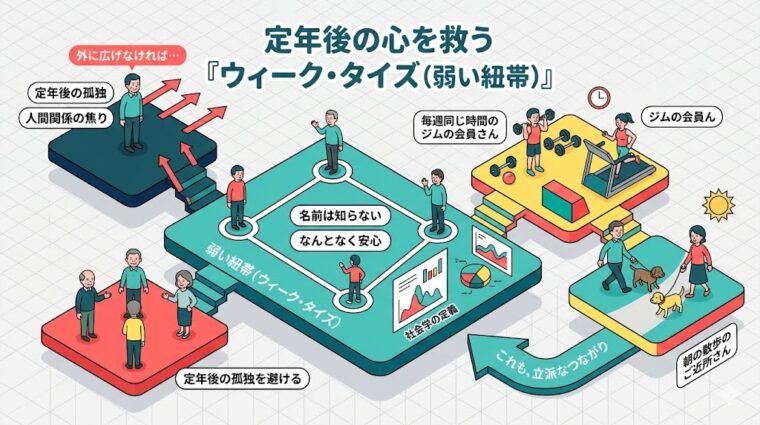 アイキャッチ画像:定年後の居場所作りにおける「弱い紐帯(ゆるい繋がり)」の重要性を示した画像