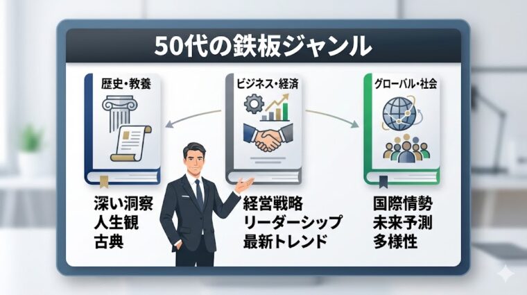 アイキャッチ画像:50代のビジネスマンにおすすめのオーディオブック鉄板ジャンル(歴史・ビジネス・国際情勢)を整理した画像