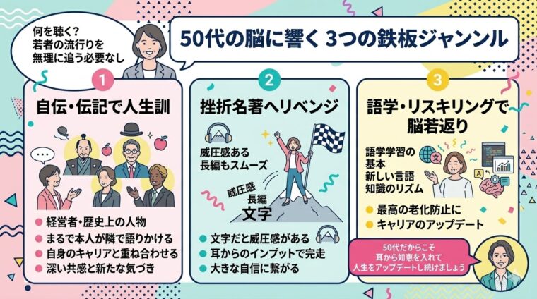 自伝・挫折名著へのリベンジ・語学習得など、50代の脳に響きキャリアアップデートに繋がる3つの鉄板ジャンルの紹介。