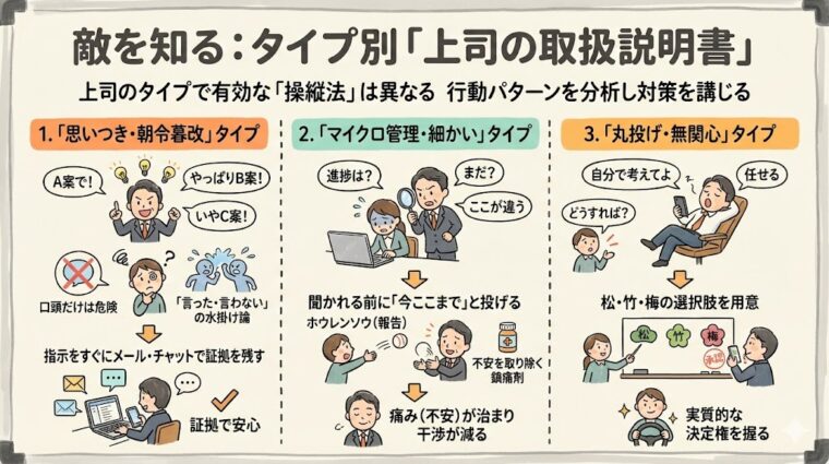 上司の3つのタイプ(思いつき型、マイクロ管理型、丸投げ型)と、それぞれの行動パターンに合わせた有効な対策をまとめた全体像。