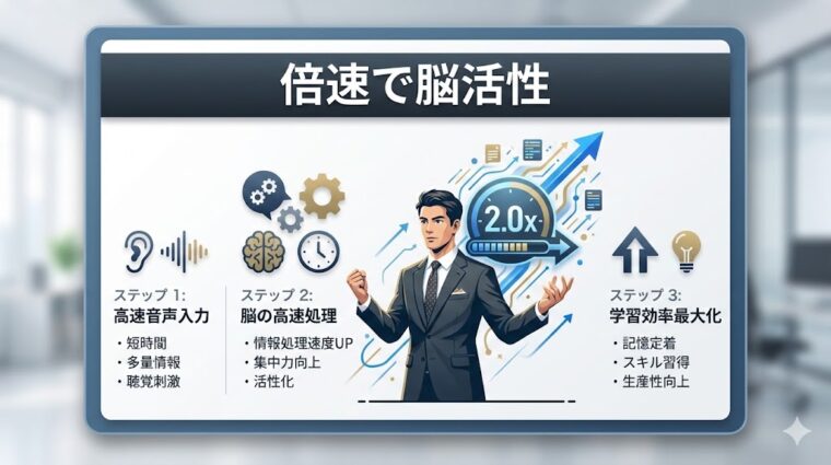 アイキャッチ画像:倍速再生による脳の活性化と、学習効率を最大化するステップを整理した解説画像