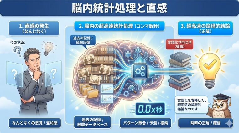 脳内の膨大な経験データを超高速で統計処理し、言語化を介さず瞬時に論理的な正解を導き出す「直感の脳内プロセス」を示すイラスト。
