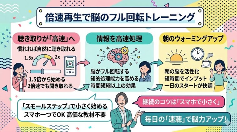 1.5倍〜2倍の倍速再生による脳のフル回転トレーニングと、スマホ一台で始められるスモールステップの解説図。