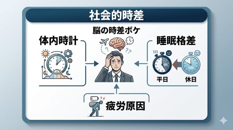解説画像:体内時計の乱れや平日・休日の睡眠格差が深刻な疲労原因となる「社会的時差」を整理した画像