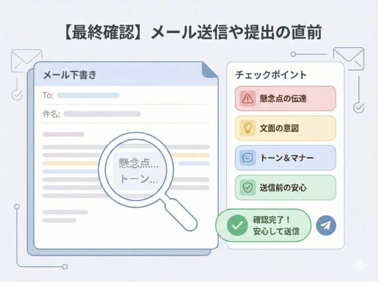 アイキャッチ画像:メール送信や提出直前の最終確認として、懸念点の伝達やトーン&マナーのチェックを依頼する相談フローを整理した図解