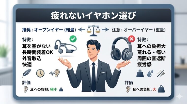 アイキャッチ画像:耳活を快適に続けるための「疲れないイヤホン選び」のポイントと種類別の評価を整理した画像