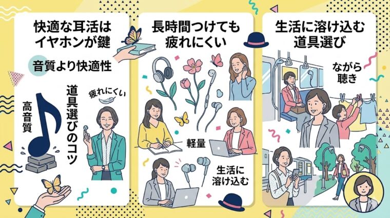 長時間のリスニングでも疲れにくい「快適性」を重視したイヤホン選びのコツと、生活に溶け込む活用シーンのイラスト。