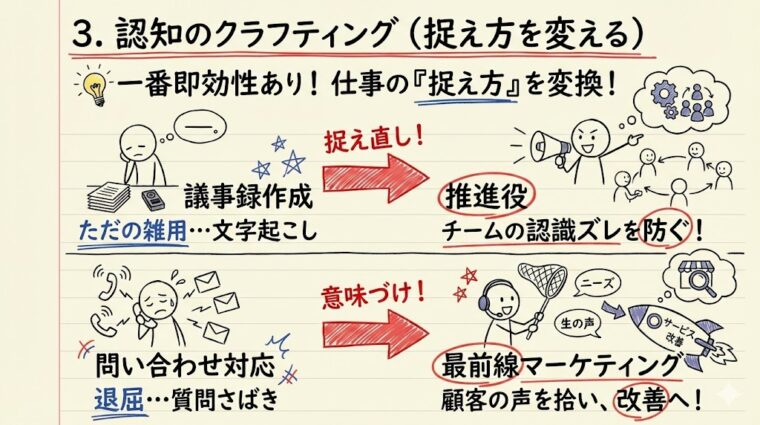 「認知のクラフティング」として、雑用や問い合わせ対応をチームの推進やマーケティングと捉え直す重要性を示した画像