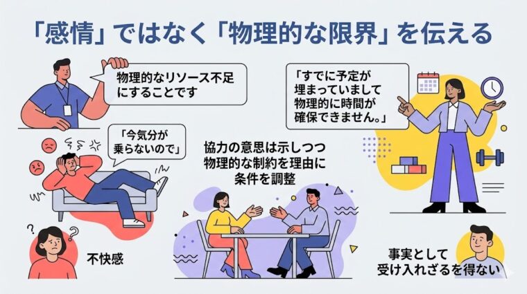 アイキャッチ画像:「限界伝達の3要素:物理的制約」に基づき、事実の提示、物理的制約、客観的視点の重要性を整理した画像